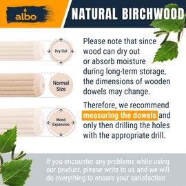 ALBO Wooden Dowel Pins 100 Pack Assorted Sizes 1/2 + 3/8 + 5/16 + 1/4 inch Fluted Wood Dowels Rods Hardwood Crafts Dowel Pegs