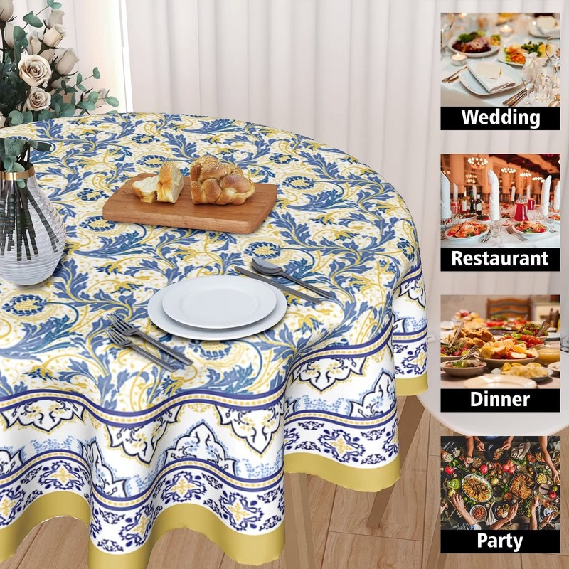 Yellow and Blue Floral Tablecloth Round 60 Inch Farmhouse Boho