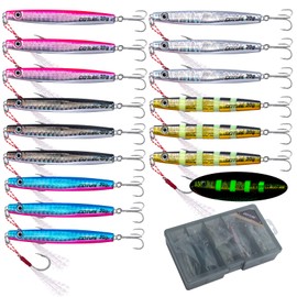 Goture Fishing Jigs, 5 Colours Vertical Jig Saltwater Freshwater, Jig Fishing Lures with Assist Hook and Treble Hookging Spoon Lures with Tackle Box for Tuna, Salmon, Bass(20g,15 Pcs)