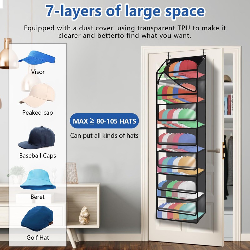 7-Layer Large Capacity Hat Organizer, Hat Rack for Door with