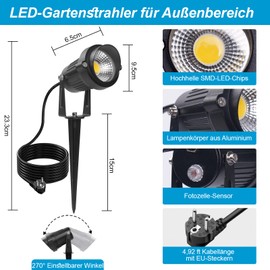 LASONAS Garden Lighting with Power 5 W LED Garden Spotlight with Ground Spike & Twilight Sensor, IP65 Waterproof Garden Light Warm White 3000 K for Garden Paths Trees Pond (Pack of 2)