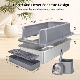 Sfozstra Enclosed Stainless Steel Cat Litter Box with Scoop,Metal Litter Box High Sided, Anti-Leakage, Easy Cleaning, Large Litter Box for Big Cats (Dark Grey)