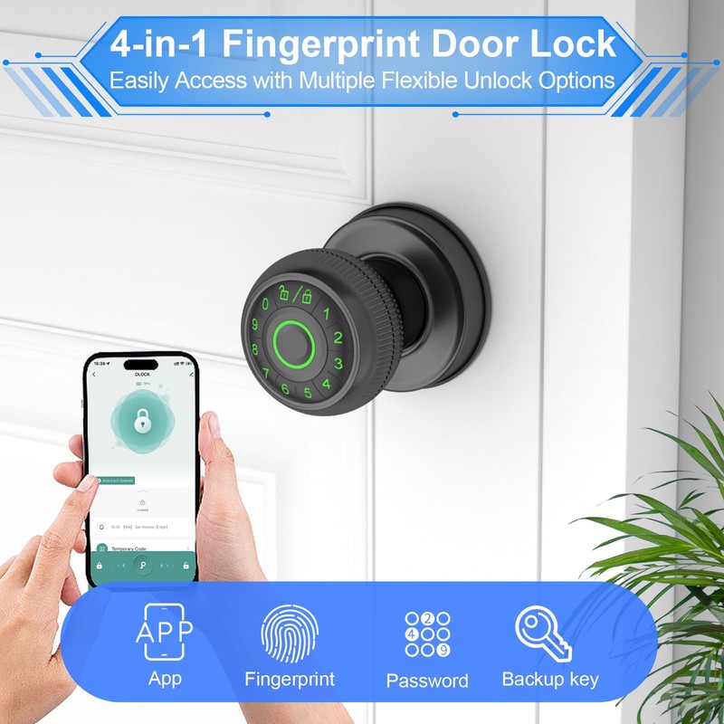 Gavdhe Fingerprint Door Knob-Fingerprint Door Lock with Keypad & App