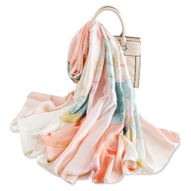 LumiSyne Silk Scarf Women's Lotus Printed Colour Stitching Geometric Pattern Luxury Retro Style Long Neckerchiefs Soft Warm Silk Scarf Sun Cream Stole All Year Round, Lotos/Pink