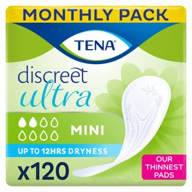 TENA Discreet Ultra Mini, 120 Incontinence Pads (20 x 6 packs) Individually Wrapped, for Women with Light to Medium Bladder Weakness, Incontinence and Unpredictable Drips