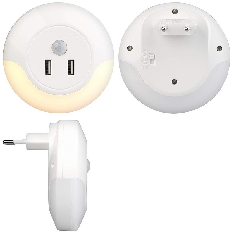 Luminea USB Power Supply: LED Socket Night Light with PIR