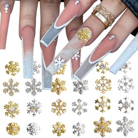 24 PCS 3D Christmas Nail Charms for Acrylic Nails Snowflake Nail Art Charms with Gems Rhinestones Gold Silver Nail Accessories Metal Nail Art Supplies Winter Holiday Nail Decorations