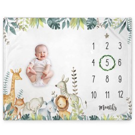 Popfavors, Yuzioey Safari Baby Monthly Milestone Blanket, Jungle Animals Baby Month Blanket , Baby Boy Blanket Growth Chart Nursery Decor, Includes Marker, White, 50Inx40In