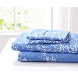 Spirit Linen home King Size Sheets Set - Pure Microfiber 4 Piece Polyester Bed Sheets, Fitted Sheet & Pillow Cases - King Sheets for All Seasons (Foliage Light Blue/White, King)