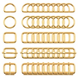 Swpeet 50Pcs 5 Style Approx 3/4 Inch Gold Belt Buckle Metal Buckles Assortment Kit, Include Metal Roller Buckles, Metal Adjustable Slide Buckles, D Ring, Circular Ring, Square Ring for Purse Bag