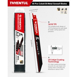 50 Pack,9 inch,14/18 TPI,Reciprocating Saw Blade Set,M42 Teeth with Cobalt Bi-Metal Blades, for Automatic Dismantling Sawzall Blades for 1/16-5/16 Medium Metals