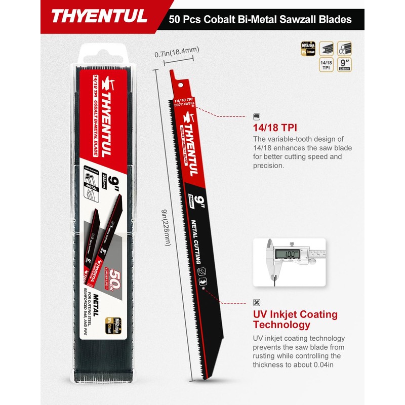 50 Pack,9 inch,14/18 TPI,Reciprocating Saw Blade Set,M42 Teeth with Cobalt