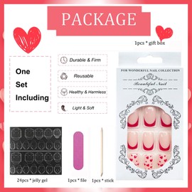 Valentine's Day Press On Nails Medium Square, 24Pcs Valentines Glossy Fake Nails Red French Tips Red Heart Designs Stick On Nails Ballerina Nails for Women Girls Valentine's Day Nail Accessories