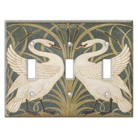 Decorative Wall Switch Cover Plate - Swan, Rush and Iris Decor Switch Plate - Beautiful Symmetrical Art Piece With Lots of Dark Green, Gold, and Off-white (Triple Toggle Switch Cover)
