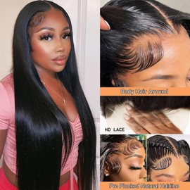 Tecoloy Lace Front Wigs Human Hair Pre Plucked 13x4 Straight Lace Front Wigs Human Hair HD Lace Frontal Wig for Women 180% Density Black Glueless Wig Pre Plucked with Baby Hair Hairline 36 Inch