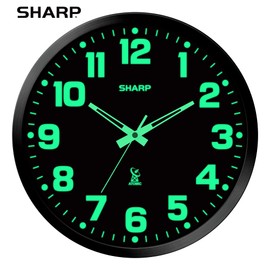 Sharp Glow in The Dark Atomic Analog Wall Clock - 12" Clock with Black Frame - Sets Automatically - Battery Operated - Easy to Read - Easy to Use – See Day or Night!