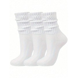 MEILANCEN Women's 3 Pairs Pile Heap Ribbed Crew Socks Athletic Mid Length Socks, White, One size