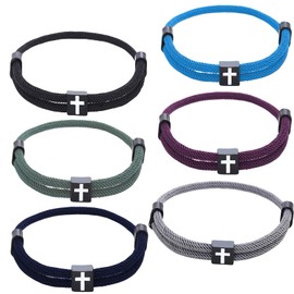 CCSmall Adjustable Braided Rope Cross Bracelet for Men, 6 Pcs Wristband Metal Knot Baptism Motivational Jesus Christian Bracelet for Birthday Valentines Christmas Easter Gifts Couple Fashion Kit