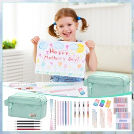 36pcs School Supplies Aesthetic with Pencil Case Color Highlighters Ink Pens Mechanical Pencil 0.5 & 0.7 mm Stationary Set for Student College University Essentials (Green)