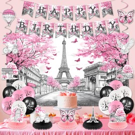 Paris Themed Birthday Party Decorations for Girls Women Pink Paris Eiffel Tower Happy Birthday Banner Backdrop Honeycomb Centerpiece Balloons Hanging Swirl for Paris Birthday Party Supplies Decor