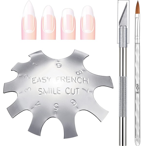 3 Pieces Acrylic Nails Tool Kit, Includes French Tip Cutter Nail Manicure Edge Trimmer French Nail Trimmer Smile Line Cutter, French Tip Cutting Knife and Acrylic Nail Art Brush (Silver)