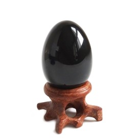 Polar Jade Black Obsidian Gemstone Egg Sphere 45 x 30 mm (1.7” x 1.2”) with Wooden Stand for Healing Meditation Chakra Balancing and Home Decoration