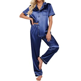 Ekouaer Pyjamas for Women Satin Pjs Set Two Piece Silk Pyjamas for Ladies Button Down Sleepwear Loungewear,Navy blue,S