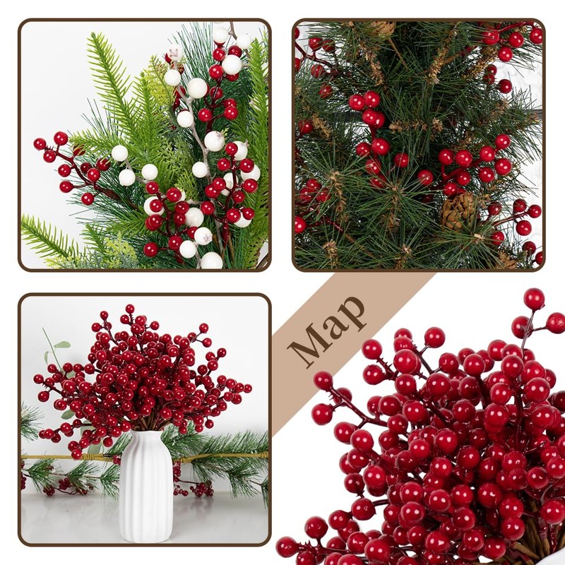 LLZLL 32 Pack Christmas Tree Decorations, Artificial Red Berry Stems