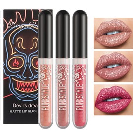 3 Pieces Metallic Diamond Liquid Glitter Shimmer Lipstick Matte Black Lipstick Set Tinted Lip Gloss Rich Pigment Long-Lasting Non-Stick Cup Waterproof Lip Glaze (A)