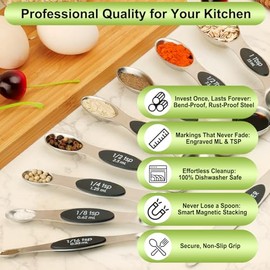 Juego de cucharas medidoras magnticas de acero inoxidable con nivelador, cucharas medidoras de metal de doble cara para hornear y cocinar, cabe en... 