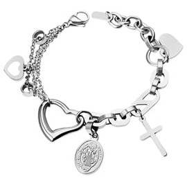 Flongo Mary Cross Bracelet Women: Silver Adjustable Stainless Steel Virgin Mary Bracelet with 3 Different Hearts Mia Fiore Prayer Beads Rosary Catholic Christian Jewellery for Woman Mother