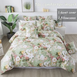 FADFAY Floral Duvet Cover Set Queen 100% Cotton Shabby Vintage Bedding 600 TC Mint Green White Flower Women Elegant Lily Print Comforter Cover Zipper Corner Ties Soft Bed Cover 3 Pcs