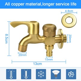 EMAGEREN Double Outlet Tap 1/2 Inch Garden Tap 2 Ports Brass Tap Double Tap Washing Machine Tap Outdoor Tap for Garden, Washing Machine, Rain Butt