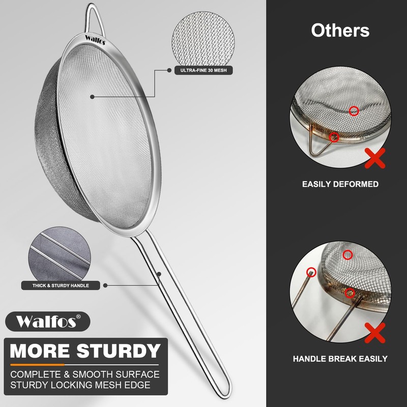 Walfos Fine Mesh Strainers Set, Premium Stainless Steel Colanders and