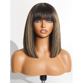 LUVME HAIR 12 Inch Blonde Highlight Bob Human Hair Wig with Bangs Glueless HD Lace Bang Wig True Scalp Ready to Go Silky Straight Highlight Human Hair Short Wig with Bangs (Breathable Cap)