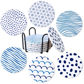 Ocves Coasters 6 Pack Absorbent Ceramic Drink Coasters with Holder, Round Coasters with Non-Slip and Scratch-Resistant Cork Base for Coffee Table, Home Decor, Housewarming Gift (Ocean)