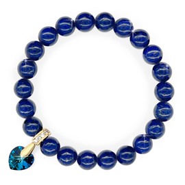 { Georgiadis } - 8mm Lapis Lazuli Gemstone Bracelet with Austrian Crystal Heart Charm, 18K Gold Plating, Healing Stone, Promotes Self-confidence, Intuition, Colour Therapy Blue, Birthstone September, Love, Friendship, Gift, Bracelet for Women (Blue, 21cm