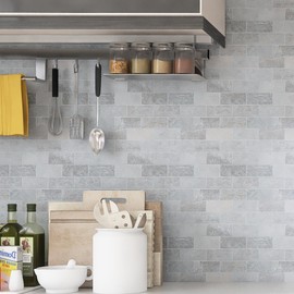 KASARO Peel and Stick Backsplash Wall Tile for Kitchen, 20-Sheet Subway Adhesive PVC Mosaic Tiles Decorative Backsplash Tiles Stick on Bathroom, Fireplace, RV, Grey Rustic