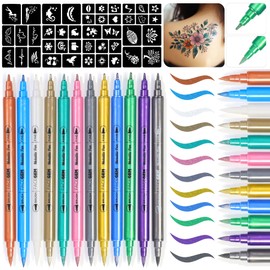 12 Metallic Temporary Tattoo Markers for Skin – Create Temporary Tattoos with Dual-Tip Body Markers, Bold & Fine Lines, Waterproof, Fast-Drying, Non-Toxic, 42 Stencils, Fake Tattoos Set, Tattoo