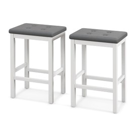 COSTWAY Bar Stools Set of 2, 24-inch Backless Counter Height Stools with Padded Seat, Footrest and Rubber Wood Frame, Button-Tufted Style, Home Kitchen Saddle Stools for Breakfast, Grey+White