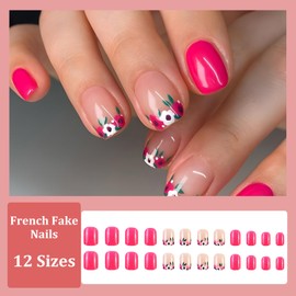 Ceboic Pack of 24 Press on Nails Short, Pink Garden French Artificial Nails, Square Fingernails for Sticking, Acrylic Artificial Nails, Fake Nails, Full Cover False Nails for Women and Girls Nail Art