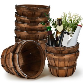 Marsui 10 Pcs Round Wooden Apple Baskets Small Bushel with Handles for Gifts Empty Basket Fruit Buckets for Garden Picking Strawberry Fruits Flowers Crafts Easter Home Wedding (Dark Brown)