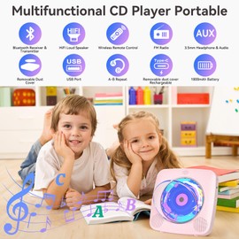 CD Player Portable : CD Players for Home Bluetooth Kegaudio 1800mAh Rechargeable Desktop Wall CD Player with Speakers with Dust Cover LCD Screen Display FM Radio USB AUX Jack Remote Control Pink