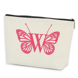 AOZHUO Initial Makeup Bags for Women Lined Monogram Cosmetic Bag Birthday Gifts for Women Girls Bridesmaid Best Friends Sisters, Travel Toiletry Bag, Pink Butterfly Letter W