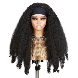 Yaki Curly Headband Wigs for Black Women New Afro Curls Synthetic Braided Hair 24Inch Wear and Go Kinky Curly Glueless Headband Wig with Bouncy Curls