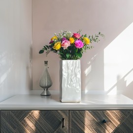 Pheyihe Square Ceramic Vase 10 Inch Flower Vase for Living Room,Coffee Table Decor,Kitchen,Bedroom,Office,Bathroom,Shelf Centerpiece Table(White)