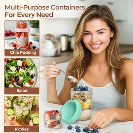 ComSaf 4-Pack 16 oz Overnight Oats Containers with Lids, Dual-Laryer Chia Pudding Jars with Dry and Wet Separation, Yogurt Parfait Cups for Oatmeal Cereal Nut Fruit, Meal Prep Glass Jars for Salad