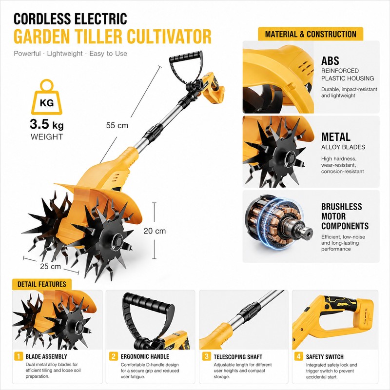 Cordless Garden Tiller for Soil Cultivation – 200mm Brushless Rototiller