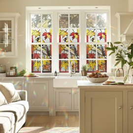 Goldfinch & Autumn Leaves Stained Glass Window Film, Decorative Goldfinch & Autumn Leaves Stained Glass Window Film, Goldfinch Stained Glass Window Film for Bathroom Door Heat Anti UV RA02