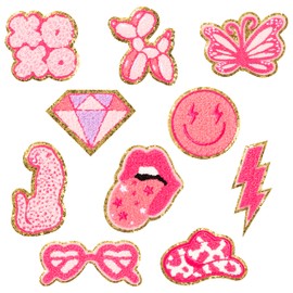 10Pcs Pink Preppy Iron on Patches for Girls Y2K Chenille Embroidered Repair Patch Hanging Lip Lightning Bolt Leopard Face DIY Accessories Sew on Applique for Backpack Clothes Hats Dress Jackets Jeans